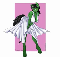 Size: 1058x1007 | Tagged: safe, artist:drakkonfyre draws, derpibooru import, oc, oc:ambitious gossip, unofficial characters only, anthro, unguligrade anthro, unicorn, breasts, cleavage, clothes, dress, female, glasses, image, marilyn monroe, passepartout, png, solo, solo female
