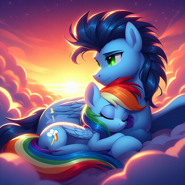 Size: 1024x1024 | Tagged: safe, ai content, derpibooru import, prompter:*rainbow dash*, rainbow dash, soarin', pegasus, pony, cloud, female, g4, generator:bing image creator, image, jpeg, lying down, male, shipping, sleeping, smiling, snuggling, soarindash, straight, sunset