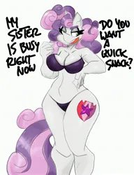 Size: 2600x3380 | Tagged: suggestive, artist:flutterthrash, derpibooru import, sweetie belle, anthro, unicorn, 2d, belly button, bra, breasts, busty sweetie belle, cleavage, clothes, cutie mark, dialogue, eyeshadow, female, hips, horn, image, implied rarity, jpeg, legs, lidded eyes, makeup, midriff, older, older sweetie belle, open mouth, panties, simple background, smug, thong, underwear, white background