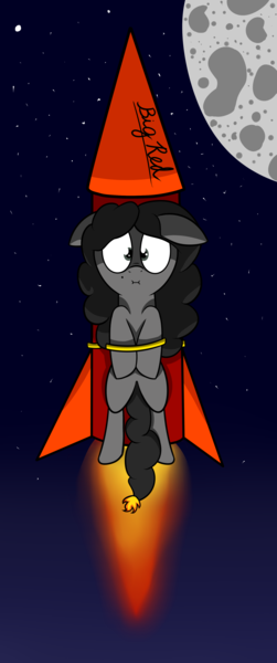 Size: 1835x4381 | Tagged: safe, artist:polynya, oc, oc:nikita, earth pony, pony, :i, earth pony oc, female, image, mare, moon, png, rocket, solo, space, stars, this will end in death, worried