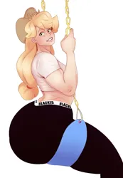Size: 1329x1924 | Tagged: suggestive, artist:sundown, edit, applejack, human, applebutt, ass, beautiful, blacked, bottom heavy, butt, clothes, cowboy hat, female, hat, huge butt, humanized, image, jacqueline applebuck, jpeg, large butt, leggings, looking at you, pants, scar, shirt, simple background, smiling, solo, solo female, stetson, swing, the ass was fat, white background