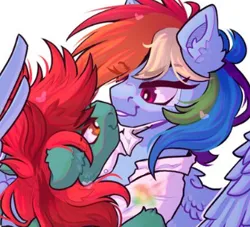 Size: 312x283 | Tagged: safe, artist:spectrasus, derpibooru import, rainbow dash, oc, oc:tetrahedron, pegasus, pony, fanfic:rainbow factory, bedroom eyes, canon x oc, clothes, commission, commissioner:tetrahedron dash, duo, duo male and female, evil, fanfic art, female, hug, image, lab coat, liquid rainbow, looking at each other, looking at someone, male, png, ponysona, rainbow factory dash, romantic, shipping, simple background, spectra, white background, wing hands, winghug, wings