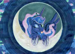 Size: 8291x6003 | Tagged: safe, artist:trancepony, derpibooru import, princess luna, alicorn, pony, bust, crescent moon, female, image, jpeg, looking at you, mare, moon, one eye closed, smiling, smiling at you, solo, spread wings, tongue out, traditional art, wings, wink, winking at you