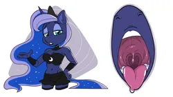 Size: 1280x720 | Tagged: safe, artist:lecigzz, derpibooru import, princess luna, anthro, unicorn, belly button, g4, image, mawshot, midriff, open mouth, oral invitation, png, race swap, salivating, tongue out, unicorn luna, uvula