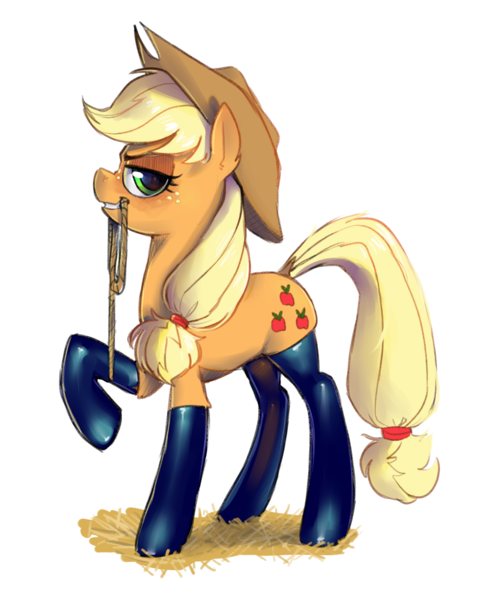 Size: 1360x1704 | Tagged: suggestive, artist:smeevel27, derpibooru import, applejack, earth pony, pony, clothes, female, horny, image, latex, latex socks, mare, mouth hold, png, raised hoof, rope, simple background, socks, solo, solo female, transparent background