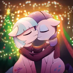 Size: 3285x3285 | Tagged: safe, artist:harukiicat, derpibooru import, coco pommel, rarity, earth pony, pony, unicorn, christmas, christmas lights, christmas tree, clothes, cuddling, duo, duo female, eyes closed, female, hearth's warming, high res, holiday, image, lesbian, mare, marshmallow coco, png, scarf, shared clothing, shared scarf, shipping, sitting, tree