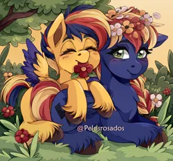Size: 3000x2800 | Tagged: safe, artist:pelosrosados, derpibooru import, oc, oc:jade spark, oc:split second, unofficial characters only, blushing, braid, cutie mark, eyes closed, floral head wreath, flower, folded wings, grass, hooves, image, open eye, png, simple background, tail, tree, wings, yellow background