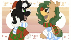 Size: 1920x1080 | Tagged: safe, artist:euspuche, derpibooru import, oc, oc:seaweed blitz, oc:zenawa skunkpony, unofficial characters only, earth pony, hippogriff, hybrid, skunk, skunk pony, animated, antlers, beak, beak hold, candy, candy cane, christmas, clothes, costume, dancing, duo, duo male, earth pony oc, eating, food, gay, gif, hat, hearth's warming, hippogriff oc, holiday, hybrid oc, image, looking at each other, looking at someone, male, males only, matching outfits, mouth hold, oc x oc, open mouth, patterned background, rudolph, rudolph nose, rudolph the red nosed reindeer, santa hat, scarf, shipping, smiling, smiling at each other, sweater, wings, ych animation