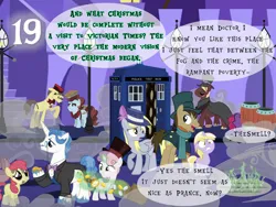Size: 1032x774 | Tagged: safe, artist:bronybyexception, derpibooru import, apple bloom, big macintosh, carrot cake, cup cake, derpy hooves, dinky hooves, doctor whooves, fancypants, sweetie belle, time turner, advent calendar, cloak, clothes, doctor who, facial scar, food, hat, image, jpeg, palette swap, pickpocketing, pie, pocket watch, recolor, scar, scarf, stealing, streetlight, tardis, top hat