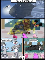 Size: 6000x8000 | Tagged: safe, artist:chedx, derpibooru import, fluttershy, pinkie pie, cat, earth pony, pegasus, rabbit, comic:learning with pibby glitch battles, animal, batmobile, boxy boo, bugs bunny, comic, commission, community related, corrupted, crossover, error, glitch, image, multiverse, pibby, png, tom the cat