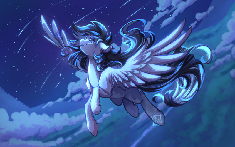 Size: 1440x900 | Tagged: safe, artist:yami-sempai, derpibooru import, oc, oc:starfall, unofficial characters only, pegasus, pony, cloud, female, floppy ears, flying, image, large wings, mare, png, solo, spread wings, wings