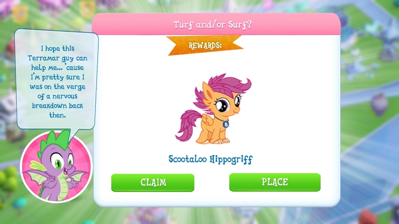 Size: 1280x720 | Tagged: safe, derpibooru import, scootaloo, spike, dragon, hippogriff, gameloft, image, jpeg, speech bubble, winged spike, wings