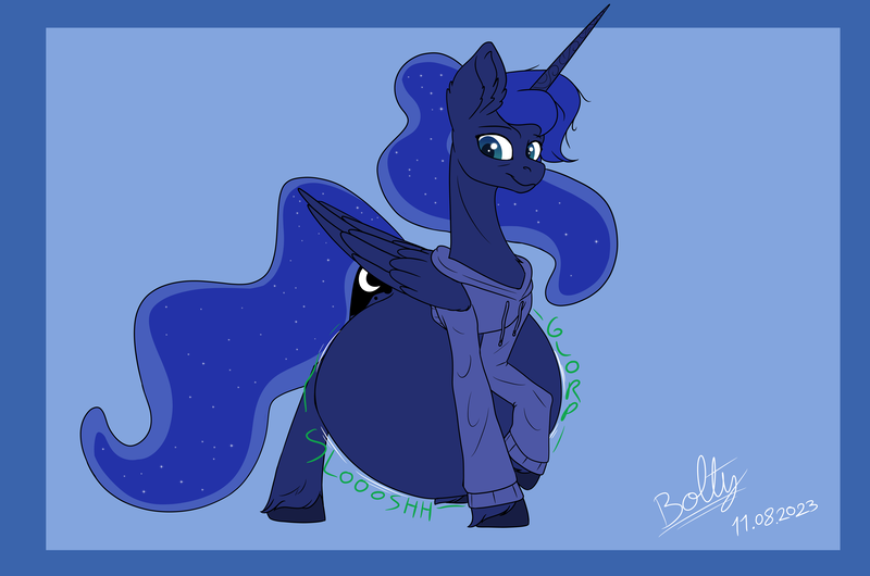 Size: 7662x5080 | Tagged: safe, artist:lightning bolty, derpibooru import, part of a set, princess luna, alicorn, pony, gamer luna, abdominal bulge, abstract background, absurd resolution, bags under eyes, belly, big belly, big ears, clothed ponies, clothes, colored, commission, date (time), digestion, digestion without weight gain, ear fluff, ethereal mane, ethereal tail, eyebrows, female, flat colors, folded wings, g4, hoodie, hoof fluff, horn, horn markings, image, large wings, long horn, looking at belly, looking at self, looking down, lunapred, mare, mare pred, mare predator, no source available, object stuffing, object vore, onomatopoeia, part of a series, png, quadrupedal, raised hoof, round belly, signature, slender, smiling, solo, standing, starry mane, starry tail, sternocleidomastoid, stomach noise, stuffed, stuffed belly, tail, thin, three quarter view, unshorn fetlocks, vore, wall of tags, wings