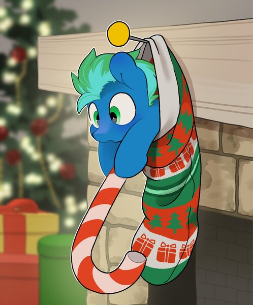 Size: 1701x2048 | Tagged: safe, artist:mochi_nation, derpibooru import, oc, unofficial characters only, pegasus, pony, candy, candy cane, christmas, christmas lights, christmas stocking, christmas tree, commission, fireplace, food, holiday, hoof hold, image, jpeg, male, present, solo, stallion, tiny, tiny ponies, tree, ych result