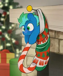 Size: 1701x2048 | Tagged: safe, artist:mochi_nation, derpibooru import, oc, unofficial characters only, pegasus, pony, candy, candy cane, christmas, christmas lights, christmas stocking, christmas tree, commission, fireplace, food, holiday, hoof hold, image, jpeg, male, present, solo, stallion, tiny, tiny ponies, tree, ych result