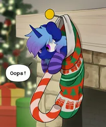 Size: 2243x2701 | Tagged: safe, artist:mochi_nation, derpibooru import, oc, oc:polaris starshine, unofficial characters only, pony, unicorn, candy, candy cane, christmas, christmas lights, christmas stocking, christmas tree, clothes, commission, dialogue, female, food, holiday, hoof hold, image, jpeg, mare, oops, present, socks, solo, speech bubble, striped socks, tiny, tiny ponies, tree, ych result