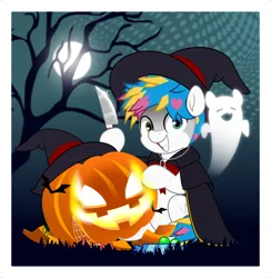 Size: 4878x5000 | Tagged: safe, artist:jhayarr23, derpibooru import, ponified, ghost, pegasus, pony, undead, awsten knight, candy, cape, clothes, commission, dyed mane, dyed tail, evil grin, food, grin, halloween, hat, heterochromia, holiday, hoof hold, image, jack-o-lantern, jewelry, knife, looking at you, male, moon, necklace, outdoors, passepartout, png, pumpkin, sitting, smiling, solo, stallion, tail, tree, waterparks, witch hat