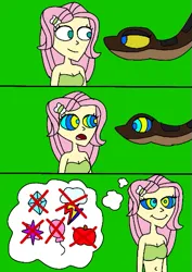 Size: 419x593 | Tagged: safe, artist:beecartoonist13, derpibooru import, fluttershy, human, snake, equestria girls, bikini, clothes, comic, cutie mark, female, green background, humanized, hypno eyes, hypnoshy, hypnosis, hypnotized, image, implied applejack, implied pinkie pie, implied rainbow dash, implied rarity, implied twilight sparkle, kaa, kaa eyes, lidded eyes, open mouth, png, simple background, smiling, swimsuit, thought bubble