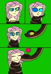 Size: 407x593 | Tagged: safe, artist:beecartoonist13, derpibooru import, fluttershy, human, snake, equestria girls, ^^, bikini, clothes, coiling, coils, comic, cute, duo, eyes closed, green background, gulp, heart, humanized, hypno eyes, hypnoshy, hypnosis, hypnotized, image, kaa, kaa eyes, kiss on the cheek, kissing, png, shyabetes, simple background, sleeping, swimsuit, wrapped up