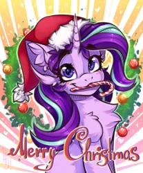 Size: 1400x1689 | Tagged: safe, artist:falafeljake, derpibooru import, starlight glimmer, pony, unicorn, blush lines, blushing, bust, candy, candy cane, chest fluff, christmas, christmas wreath, cute, female, food, glimmerbetes, hat, holiday, image, jpeg, looking at you, mare, merry christmas, mouth hold, santa hat, smiling, smiling at you, solo, wreath
