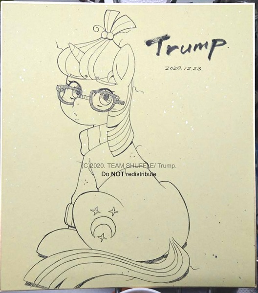 Size: 748x850 | Tagged: safe, artist:trump, moondancer, pony, unicorn, female, image, jpeg, large butt, looking at you, looking back, looking back at you, mare, obtrusive watermark, sitting, solo, traditional art, watermark