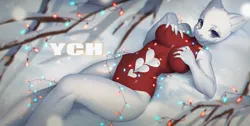 Size: 4000x2013 | Tagged: suggestive, artist:mashiro, derpibooru import, anthro, breasts, christmas, christmas lights, commission, holiday, image, looking at you, new year, png, solo, winter, ych sketch, your character here