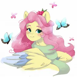 Size: 2048x2048 | Tagged: safe, artist:mikkybun, derpibooru import, fluttershy, butterfly, insect, pegasus, pony, blushing, bust, clothes, colored wings, colored wingtips, female, flower, flower in hair, image, jpeg, mare, multicolored wings, scarf, signature, simple background, solo, sternocleidomastoid, white background, wings