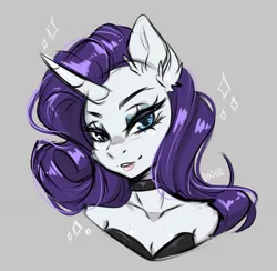 Size: 1487x1450 | Tagged: safe, artist:in4ri_, derpibooru import, rarity, anthro, unicorn, bare shoulder portrait, bare shoulders, breasts, bust, choker, cleavage, female, gray background, image, jpeg, lidded eyes, looking at you, portrait, simple background, smiling, smiling at you, solo