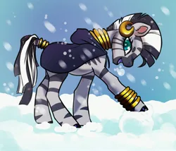 Size: 2700x2308 | Tagged: safe, artist:opalacorn, derpibooru import, zecora, pony, zebra, cloak, clothes, female, image, jpeg, lidded eyes, looking down, mare, open mouth, open smile, smiling, snow, snowfall, solo, winter