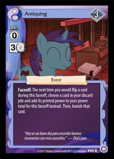 Size: 375x523 | Tagged: safe, artist:dialliyon, derpibooru import, oc, oc:dial liyon, unicorn, attic, card game, ccg, crystal games, eyes closed, happy, horn, image, jpeg, solo, spanish text, super nintendo, unicorn oc