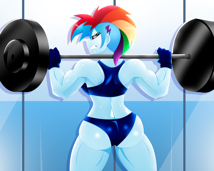 Size: 2500x2000 | Tagged: suggestive, artist:xan-gelx, derpibooru import, rainbow dash, equestria girls, biceps, butt, clothes, commission, fingerless gloves, gloves, gritted teeth, gym, image, muscles, png, rainbuff dash, rainbutt dash, sports bra, sports panties, sweat, teeth, weight lifting, weights, workout, workout outfit