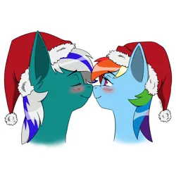 Size: 2000x2000 | Tagged: safe, artist:erein, derpibooru import, rainbow dash, oc, oc:blue star, changeling, pegasus, pony, bedroom eyes, blushing, boop, canon x oc, changeling oc, christmas, colored, commission, cute, ears up, eyes closed, female, flat colors, g4, happy, hat, holiday, image, jpeg, male, multicolored hair, nose wrinkle, noseboop, santa hat, simple background, smiling, white background