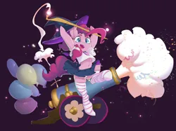 Size: 2732x2048 | Tagged: safe, artist:blue ink, derpibooru import, pinkie pie, earth pony, pony, balloon, belly button, clothes, hat, image, midriff, open mouth, party cannon, png, skirt, socks, solo, staff, striped socks, witch hat