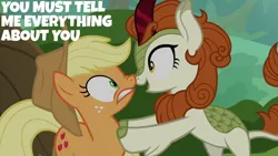 Size: 2000x1125 | Tagged: safe, derpibooru import, edit, edited screencap, editor:quoterific, screencap, applejack, autumn blaze, earth pony, kirin, pony, sounds of silence, applejack's hat, bipedal, cowboy hat, duo, duo female, female, hat, image, mare, png