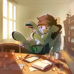 Size: 3000x3000 | Tagged: safe, artist:o0o-bittersweet-o0o, derpibooru import, oc, oc:luck, unofficial characters only, pegasus, pony, beaker, book, chest fluff, clothes, coffee, commission, crossed legs, desk, flask, floppy ears, holding, image, indoors, lab coat, laboratory, looking at something, male, microscope, mug, partially open wings, periodic table, png, shelf, sitting, solo, stallion, table, test tube, tongue out, window, wings