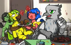 Size: 2260x1446 | Tagged: safe, artist:chen_ying, derpibooru import, oc, oc:anonfilly, oc:drizzle, oc:heavy halbard, oc:lemon drop, unofficial characters only, gryphon, pony, unicorn, cooking, feedee, feeding, female, filly, food, force feeding, forced, guardsmare, image, jpeg, mare, meat, ponies eating meat, royal guard