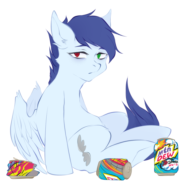 Size: 2500x2500 | Tagged: safe, artist:nekaneba, derpibooru import, oc, oc:slipstream, unofficial characters only, pegasus, pony, derpibooru community collaboration, 2024 community collab, drink, heterochromia, image, mountain dew, png, simple background, slouching, soda can, solo, tired, transparent background