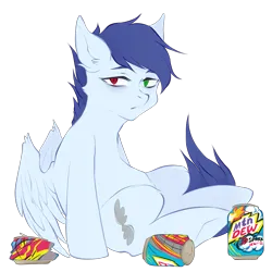 Size: 2500x2500 | Tagged: safe, artist:nekaneba, derpibooru import, oc, oc:slipstream, unofficial characters only, pegasus, pony, derpibooru community collaboration, 2024 community collab, drink, heterochromia, image, mountain dew, png, simple background, slouching, soda can, solo, tired, transparent background