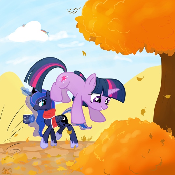 Size: 2048x2048 | Tagged: safe, artist:rayelli, derpibooru import, princess luna, rainbow dash, twilight sparkle, alicorn, pegasus, pony, unicorn, autumn, clothes, cute, female, g4, image, jpeg, jumping, lesbian, magic, scarf, shipping, show accurate, telekinesis, twiluna