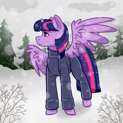 Size: 1024x1024 | Tagged: safe, derpibooru import, twilight sparkle, alicorn, pony, branches, christmas trees, clothes, cloud, commission, image, jpeg, magic battle, result, result ych, school uniform, snow, solo, tree, uniform, winter, your character here