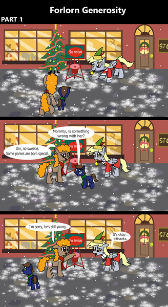 Size: 1920x3516 | Tagged: safe, artist:platinumdrop, derpibooru import, derpy hooves, oc, earth pony, pegasus, pony, comic:forlorn generosity, 3 panel comic, apology, bell, bits, charity, christmas, christmas ornaments, christmas tree, closed door, clothes, colt, comic, commission, costume, donation, door, elf costume, elf hat, excited, feathered hat, female, floppy ears, foal, folded wings, front door, g4, green scarf, hat, hearth's warming, holiday, image, jewelry, male, mare, mouth hold, necklace, nervous, onomatopoeia, open mouth, ornaments, outdoors, outfit, png, red scarf, sad, scarf, sign, smiling, snow, snowfall, sound effects, speech, speech bubble, storefront, talking, toy, toy store, tree, trio, walking, wall of tags, window, wings, winter