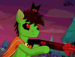 Size: 4000x3000 | Tagged: safe, artist:zocidem, derpibooru import, oc, oc:wrench, unofficial characters only, earth pony, pony, semi-anthro, cape, clothes, crossover, cult of the lamb, gun, image, png, possessed, red eyes, solo, weapon