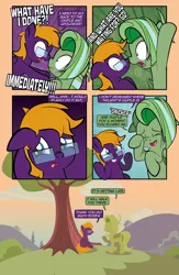 Size: 1920x2948 | Tagged: safe, artist:alexdti, derpibooru import, oc, oc:purple creativity, oc:screwpine caprice, pegasus, pony, comic:quest for friendship retold, blushing, crying, female, glasses, image, implied twilight sparkle, jpeg, laughing, mare, tears of laughter, tree