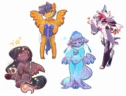 Size: 2395x1824 | Tagged: safe, artist:peachmayflower, derpibooru import, oc, oc:cloudburst (trebl900), oc:empyrea, oc:star universe, unofficial characters only, anthro, pegasus, pony, bipedal, blue eyes, blue mane, blue tail, chibi, clothes, colored, commissioner:trebl900, female, flower, flower in hair, furry, furry oc, hand, holding a present, hooves, image, jpeg, kimono (clothing), looking at you, male, orange fur, pegasus oc, present, simple background, sparkles, spread wings, tail, white background, wings