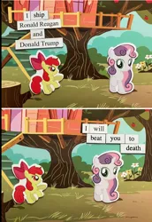 Size: 628x911 | Tagged: safe, derpibooru import, apple bloom, sweetie belle, earth pony, pony, unicorn, image, implied violence, png, ponymagnets, stock vector, threatening, treehouse