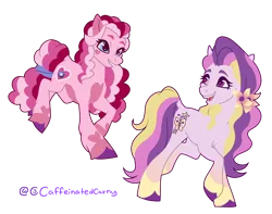 Size: 1534x1211 | Tagged: safe, artist:caffeinatedcarny, derpibooru import, fluttershy (g3), valenshy, earth pony, g3, coat markings, derpibooru exclusive, duo, flower, flower in hair, gradient hooves, hair tie, image, markings, open mouth, open smile, png, redesign, running, simple background, smiling, transparent background, unshorn fetlocks