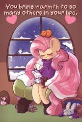 Size: 1200x1800 | Tagged: safe, artist:typhwosion, derpibooru import, angel bunny, fluttershy, bird, ferret, mouse, rabbit, squirrel, animal, clothes, image, png, positive ponies, solo, sweater, sweatershy, text