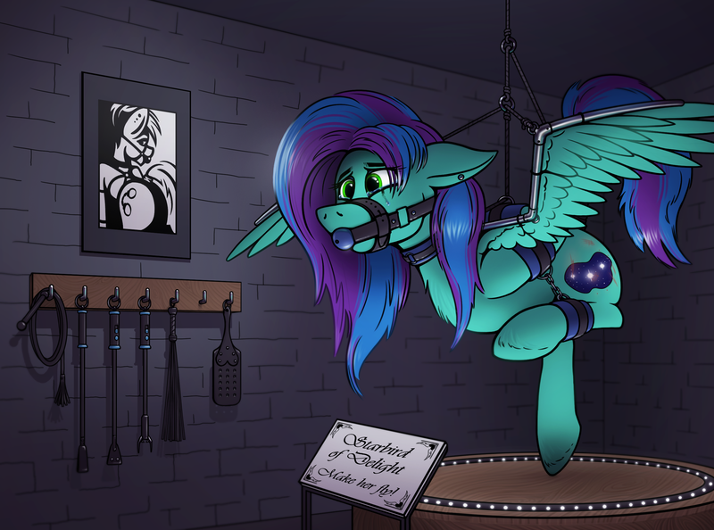 Size: 2588x1920 | Tagged: questionable, alternate version, artist:tsswordy, derpibooru import, oc, oc:star dust, unofficial characters only, pegasus, pony, ankle cuffs, arm behind back, ballgag, bdsm, blue eyeshadow, blue mane, blue tail, bondage, bound wings, bridle, cat o' ninetails, cattle prod, chains, collar, crying, cuffs, dark background, ear piercing, english, eyelashes, eyeliner, eyeshadow, femboy, gag, green eyes, hobbled, image, insertion, long mane, long tail, looking at someone, makeup, male, multicolored mane, multicolored tail, nudity, paddle, pegasus oc, picture, piercing, png, podium, purple mane, purple tail, rack, riding crop, sex toy, solo, spank mark, spread wings, suspended, suspension bondage, tack, tail, teal wings, teary eyes, text, whip, whip marks, wings