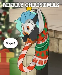 Size: 2243x2701 | Tagged: safe, artist:mochi_nation, derpibooru import, oc, oc:icebeak, unofficial characters only, hippogriff, candy, candy cane, christmas, christmas stocking, christmas tree, clothes, commission, food, holding, holiday, image, png, present, speech bubble, tree, ych result