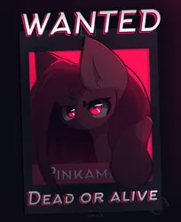 Size: 2200x2700 | Tagged: safe, artist:miryelis, derpibooru import, pinkie pie, earth pony, pony, big ears, female, glow, glowing eyes, image, long hair, looking at you, mare, pinkamena diane pie, png, poster, red eyes, serious, signature, solo, text, wanted poster